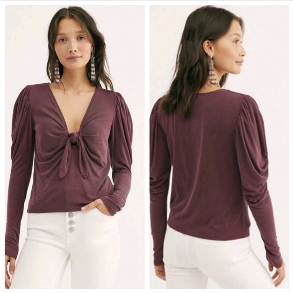 Free People Tie The Knot Bow Women's Ribbed Puff Long Sleeve Eggplant Size Small
